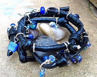 Deep Blue River Funky Leather Wrap Bracelet Made with the Positive Energy of the Water~Unique celestial style mermaid tears jewelry