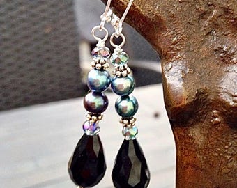 Black/Blue/Peacock Drop Earrings With Freshwater Pearls and Swarovski Crystals