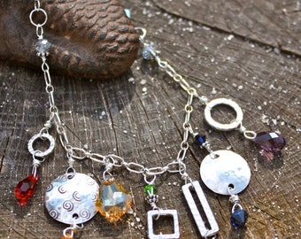 Crystal Chakra Charm Bib-Style Necklace - Hand-Stamped Sterling Silver Jewelry - Handmade Yoga Style - Energy Balance