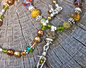 Autumn Sterling Silver Wrapped Sea Glass Necklace -  Handmade in browns and greens  - beach lover- Mermaid Tears - Beaded Jewelry