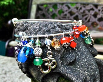 Chakra Balancing Bangle Bracelet in a Rainbow of Semi-Precious Stones & Crystals - OM charm - Positive Energy - can be personalized