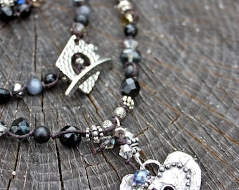 KEY to MY HEART Hand-Knotted Linen Necklace In Antique Black with Heart Key Hole Charm & Toggle  Handmade Boho Style