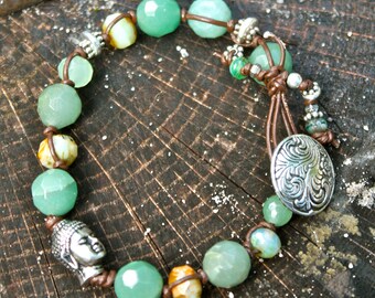 Life According to Buddha Hand-Knotted Jade & Leather Bracelet with Button Clasp- handmade -one-of-a-kind - yoga jewelry