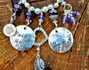 Faith, Hope, and Strength Hand Stamped Healing Necklace - Symbolic Charms & semi-precious stones- amethyst - lotus flower angel wing