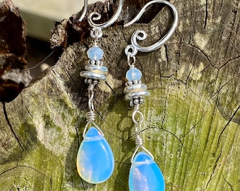 Opalite Drop Earrings - sterling silver wire wrapped Opalite teardrops - Sterling silver mermaid style