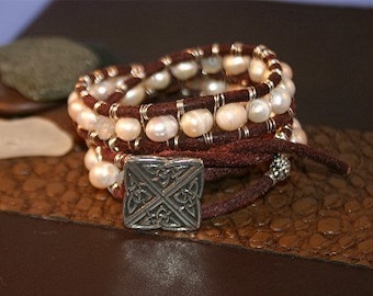 Funky Pearl and Leather Wrap Around Cuff Bracelet with Silver Button Clasp - Mermaid Style