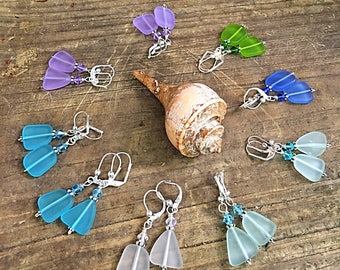 Mermaid Kissed Recycled Glass Mermaid Tears Earrings / Colorful  Sea Glass & Swarovski Crystal /Aqua/Green/Sapphire Blue/Soft Ocean Blue