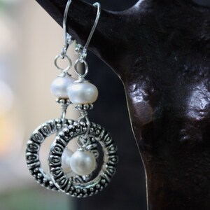 Handmade White Pearl Hoop Earrings Classic Beach Style Jewelry Sterling Silver Wire Wrapped image 3