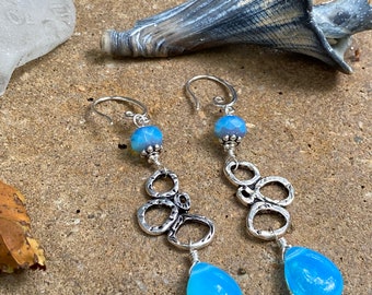 Sterling wire wrapped “Geometric Cloud Dangle” Earrings -mermaid style in Opal blue- handmade