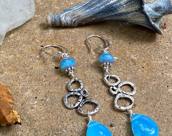 Sterling wire wrapped “Geometric Cloud Dangle” Earrings -mermaid style in Opal blue- handmade