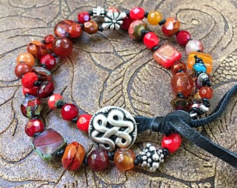 Sisterhood Salsa Hand Knotted Beaded Wrap Bracelet/ Deep orange and red semi precious stones & crystals/ Celtic clasp/ one-of-a-kind
