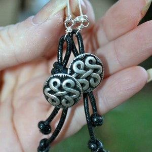 Celtic Knots of Black Leather Earrings - boho button - hand knotted