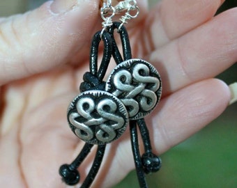 Celtic Knots of Black Leather Earrings - boho button - hand knotted