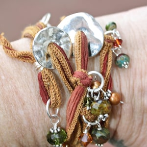 Rustic Earthen Rainbow Beaded Silk Wrist Wrap - Cuff Bracelet or Necklace