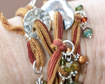 Rustic Earthen Rainbow Beaded Silk Wrist Wrap - Cuff Bracelet or Necklace