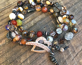 Nuts & Berries Triple Wrap Hand-Knotted Wrap Bracelet - One-of-a-kind - Cuff - unique multi-beaded - Boho style - gemstone - Beach style