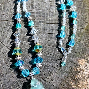 Aqua Blue Ocean Beaded Necklace with Authentic Wire-Wrapped Sea Glass Pendant- mermaid tears - Beach glass - Handmade with positive energy