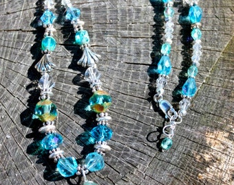 Aqua Blue Ocean Beaded Necklace with Authentic Wire-Wrapped Sea Glass Pendant- mermaid tears - Beach glass - Handmade with positive energy