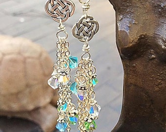 Celtic Knot Sterling Silver Celestial Drop Earrings w Sparkling Swarovski Crystals - Iridescent Zen Jewelry w Positive Energy of the Sea