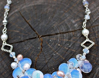 Droplets of Moonlight Beaded Necklace - opalite briolettes, Pearls- Semi-precious stones - sterling silver - Unique boho beach style