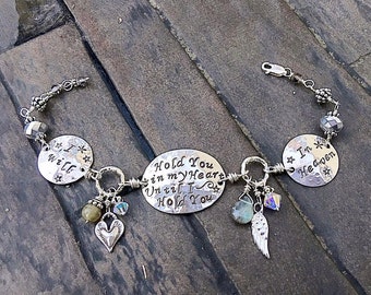 I Will Hold You In My Heart Until I Hold You In Heaven Hand Linked Hand Stamped Sterling Silver Memorial Bracelet w/ Angel Wing & Birthstone