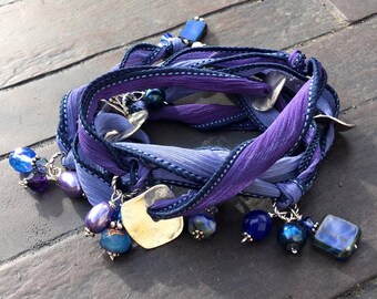 Hand Painted Ribbon Wrist Wrap/Necklace with Geometric Beads & Funky Handmade Style~Customize w Choice of Color ~ Celestial Mermaid Jewelry