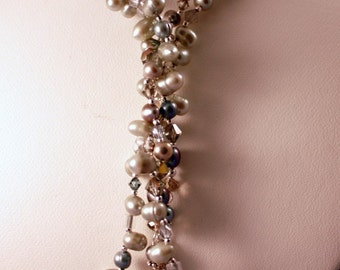 Silver Pearl Lariat with Czech Glass Beads and Freshwater Pearls - made with positive energy- mermaid tears