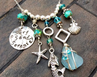 Surf Sand Serenity Charm Necklace with Handmade Stamped sterling silver discs & Beach Charms, Shell, Starfish, Mermaid, authentic Sea Glass