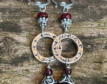 Garnet Drop Earrings- sterling silver wire wrapped gemstone earrings with Circle Links - mermaid style