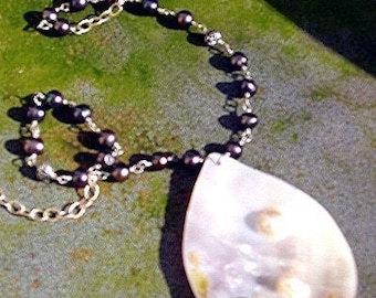 Hand Linked Pearl Iridescent Necklace with Blister Pearl Pendant - mermaid tears - made with positive energy