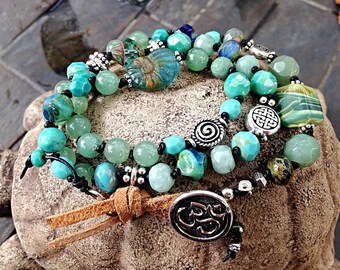 Double or Triple Wrap OM Healing Bracelet - Hand Knotted Leather Turquoise, Jade, Silver, Boho Czech Glass shell Buddha charm Yoga Style