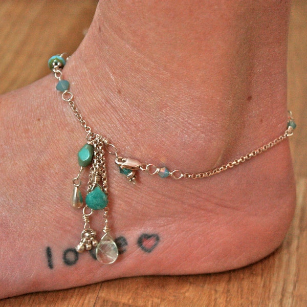Sterling Silver Gemstone Beaded Anklet – Handmade Aqua Turquoise Chain Dangle