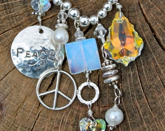 PEACE and Hearts of Fire Hand-Stamped Sterling Silver Charm Necklace - sparkly boho beach style - funky heart and peace sign design