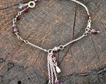 Raining Gems Beaded Chain Anklet with a Cascade of Chain and Gems Amethyst - hand-created boho chic beach style