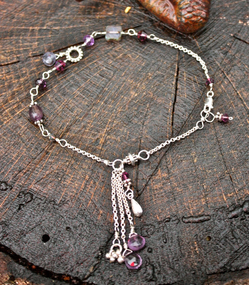 Raining Gems Beaded Chain Anklet with a Cascade of Chain and Gems Amethyst hand-created boho chic beach style image 1