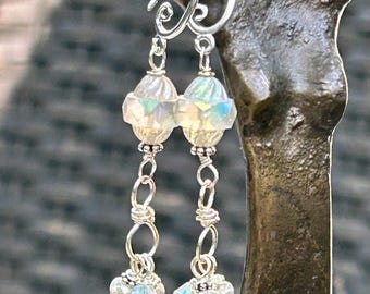 Aurora borealis COMET Earrings Sterling Silver Wire Wrapped Czech glass & Crystals- Dangling Boho Mermaid Style