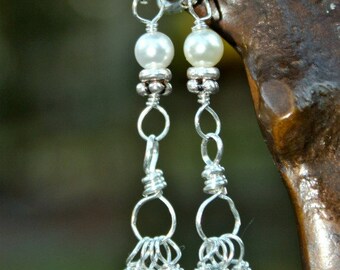 Jersey Strong Sterling Silver Wire-Wrap Crystal Earrings dangle with Aqua Blue Swarovski crystals & pearls - mermaid, beach lover