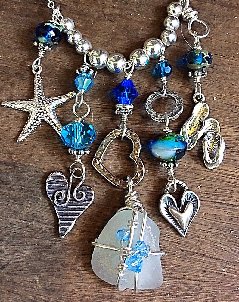 Beach Lovers Sea Glass Charm Necklace/ Hand Stamped Sterling Silver