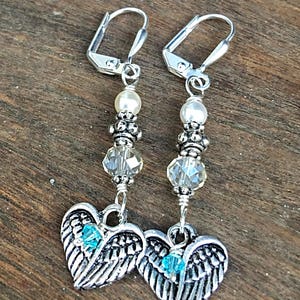 Mermaid Memorial Earrings in honor of someone who passed away. Featuring angel wing/heart charms & birthstones grief loss image 3