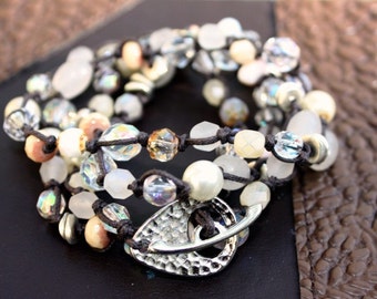 Triple Wrap-Around Hand-Knotted Bracelet / Necklace in Rustic Whites - Versatile, Funky and Cool - Boho Beach style - Mermaid Vibes