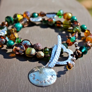 Survivor Hand Knotted Double-Wrap Bracelet Semi Precious Stones & Crystal, Heart Toggle with Hand Stamped Sterling Disc