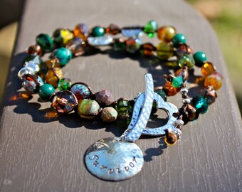 Survivor Hand Knotted Double-Wrap Bracelet Semi Precious Stones & Crystal, Heart Toggle with Hand Stamped Sterling Disc