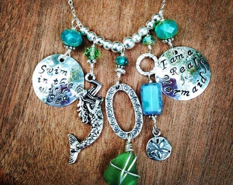 Swim in the Wild Sea/I Am a Real Mermaid Hand Stamped Disc Charmed Chain Necklace w Genuine Wire Wrapped Sea Glass, Soothing Positive Energy