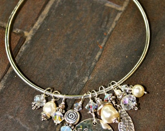 Always In My Heart Cream & Clear Mermaid Bangles w Sterling Silver Hand-Stamped Customizable Discs, Sterling Silver Angel Wing, Spiral Charm