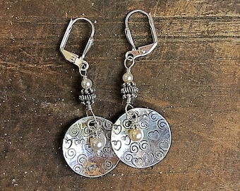 Hand Stamped Sterling Silver Disc Earrings – Hearts, Swirls & Pearls