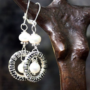 Handmade White Pearl Hoop Earrings Classic Beach Style Jewelry Sterling Silver Wire Wrapped image 1