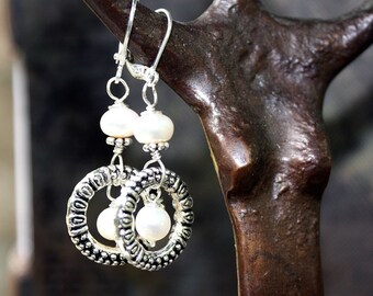 Handmade White Pearl Hoop Earrings - Classic Beach Style Jewelry -  Sterling Silver Wire Wrapped