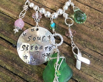 Soul Sisters Personalized Hand-Stamped Breast Cancer Necklace w Genuine Wire-Wrapped Sea Glass, May be Customized Handmade Mermaid Jewelry