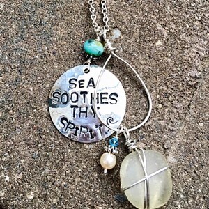 Sea Soothe Thy Spirit Hand-Stamped Disc Necklace w Wire-Wrapped Genuine Sea Glass~Made with mermaid positive energy & high vibrations.