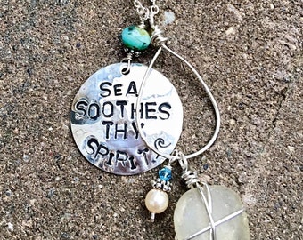 Sea Soothe Thy Spirit Hand-Stamped Disc Necklace w Wire-Wrapped Genuine Sea Glass~Made with mermaid positive energy & high vibrations.